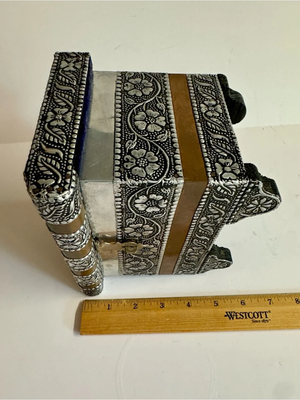Vintage Tin and Copper Floral Embossed Jewelry Box with Mirrors + Velvet lining.